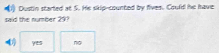 Dustin started at 5. He skip-counted by fives. Could he have
said the number 29?
( yes no