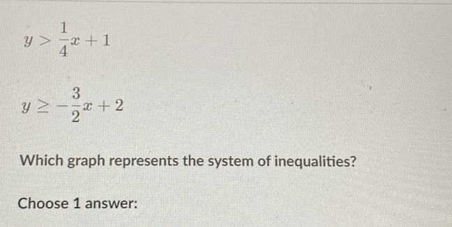 y> 1/4 x+1
y≥ - 3/2 x+2
Which graph represents the system of inequalities?
Choose 1 answer: