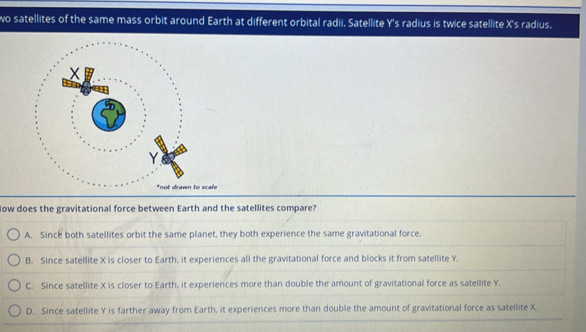 wo satellites of the same mass orbit around Earth at different orbital radii. Satellite Y 's radius is twice satellite X 's radius.
low does the gravitational force between Earth and the satellites compare?
A. Since both satellites orbit the same planet, they both experience the same gravitational force.
B. Since satellite X is closer to Earth, it experiences all the gravitational force and blocks it from satellite Y.
C. Since satellite X is closer to Earth, it experiences more than double the amount of gravitational force as satellite Y.
D. Since satellite Y is farther away from Earth, it experiences more than double the amount of gravitational force as satellite X.