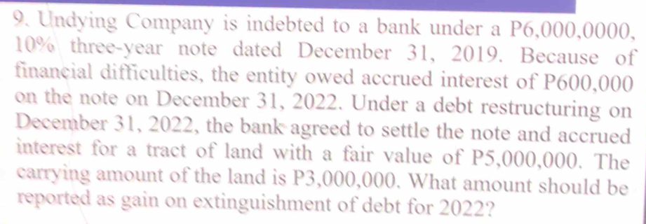 Undying Company is indebted to a bank under a P6,000,0000,
10% three-year note dated December 31, 2019. Because of 
financial difficulties, the entity owed accrued interest of P600,000
on the note on December 31, 2022. Under a debt restructuring on 
December 31, 2022, the bank agreed to settle the note and accrued 
interest for a tract of land with a fair value of P5,000,000. The 
carrying amount of the land is P3,000,000. What amount should be 
reported as gain on extinguishment of debt for 2022?