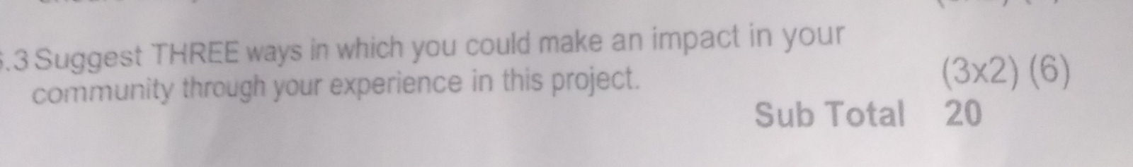 3.3 Suggest THREE ways in which you could make an impact in your 
community through your experience in this project. (3* 2)(6)
Sub Total 20