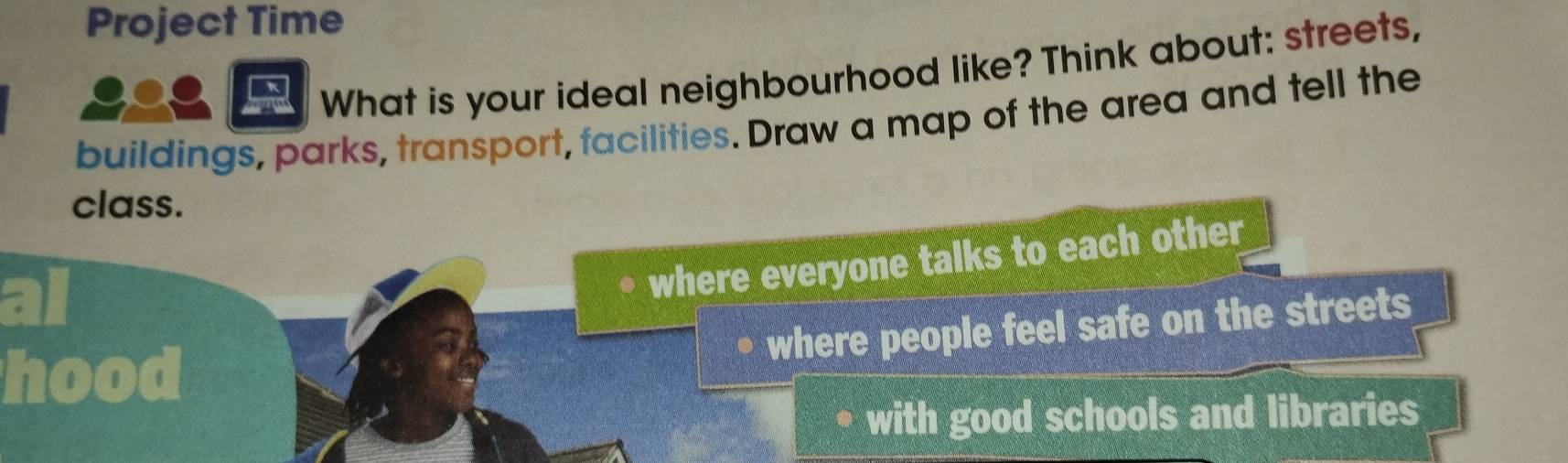 Project Time
What is your ideal neighbourhood like? Think about: streets,
buildings, parks, transport, facilities. Draw a map of the area and tell the
class.
where everyone talks to each other
where people feel safe on the streets
hood
with good schools and libraries