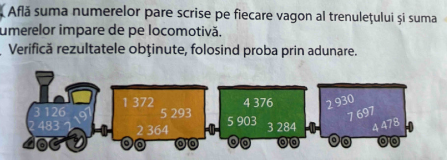 Află suma numerelor pare scrise pe fiecare vagon al trenulețului și suma 
umerelor impare de pe locomotivă. 
Verifică rezultatele obținute, folosind proba prin adunare.
1 372 4 376 2 930
3 126 5 293 5 903 3 284 a
7 697
483 4 478
2 364
o o 0 o a a o o o