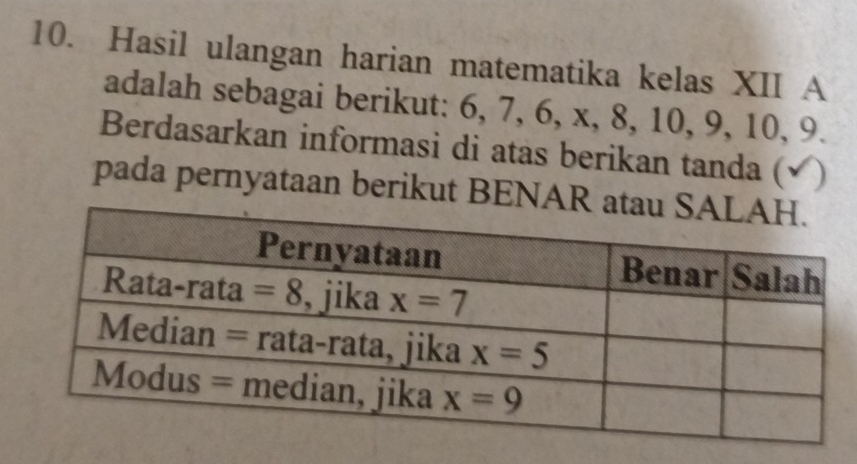 Hasil ulangan harian matematika kelas XII A
adalah sebagai berikut: 6, 7, 6, x, 8, 10, 9, 10, 9.
Berdasarkan informasi di atas berikan tanda (√)
pada pernyataan berikut BENA