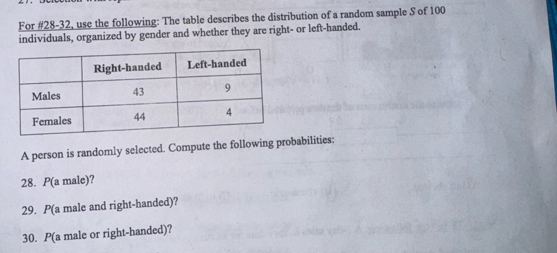 For #28-32, use the following: The table describes the distribution of a random sample S of 100
individuals, organized by gender and whether they are right- or left-handed. 
A person is randomly selected. Compute the following probabilities: 
28. P(a male)? 
29. P(a male and right-handed)? 
30. P(a male or right-handed)?