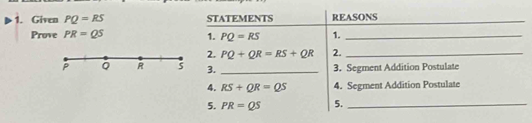 Given PQ=RS
Prove PR=QS
P Q R