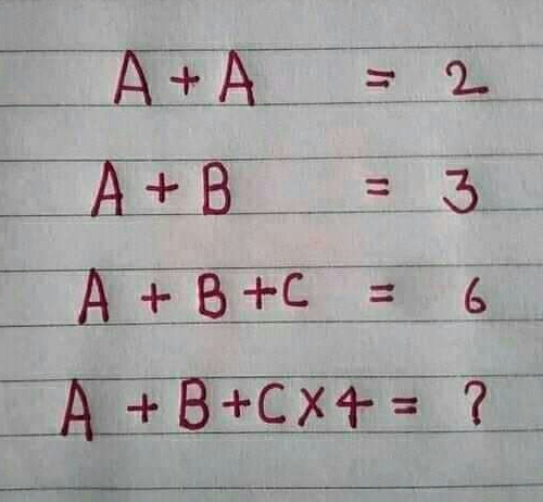 A+A=2
A+B=3
A+B+C=6
A+B+C X 4=?