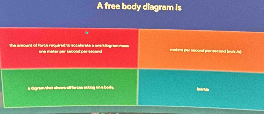 A free body diagram is
the amount of force required to accelerate a one kilogram mass meters per second per second (m/s /s)
one meter per second per second
a digram that shows all forces acting on a body.
Inertie