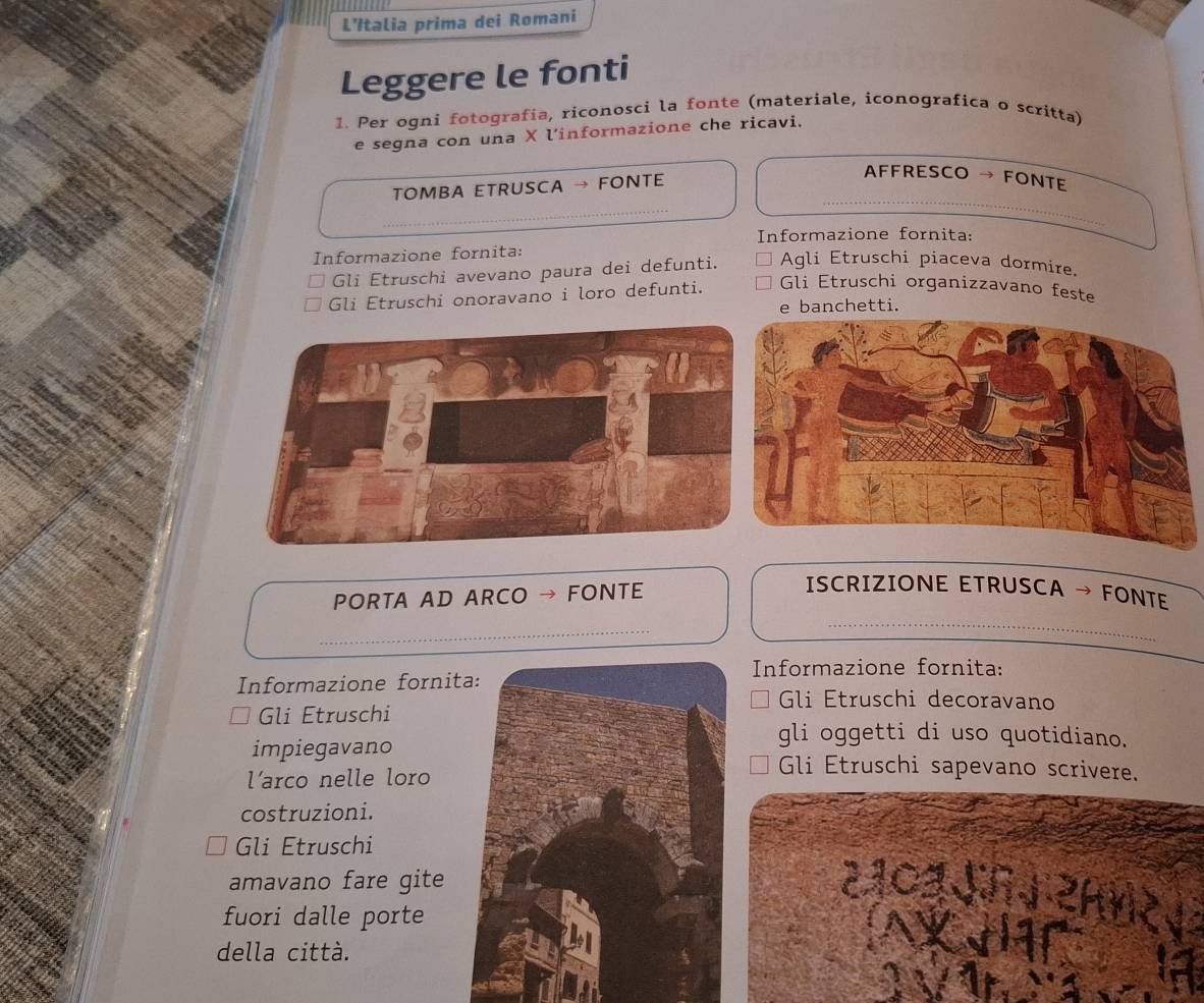 L’Italia prima dei Romani 
Leggere le fonti 
1. Per ogni fotografia, riconosci la fonte (materiale, iconografica o scritta) 
e segna con una X l'informazione che ricavi. 
TOMBA ETRUSCA → FONTE 
AFFRESCO → FONTE 
Informazione fornita: 
Informazione fornita: 
Gli Etruschi avevano paura dei defunti. Agli Etruschi piaceva dormire. 
Gli Etruschi onoravano i loro defunti. Gli Etruschi organizzavano feste 
e banchetti. 
PORTA AD ARCO → FONTE 
ISCRIZIONE ETRUSCA → FONTE 
Informazione fornita: 
Informazione fornitGli Etruschi decoravano 
Gli Etruschi 
gli oggetti di uso quotidiano. 
impiegavanoGli Etruschi sapevano scrivere. 
l'arco nelle loro 
costruzioni. 
Gli Etruschi 
amavano fare gite 
fuori dalle porte 
della città.