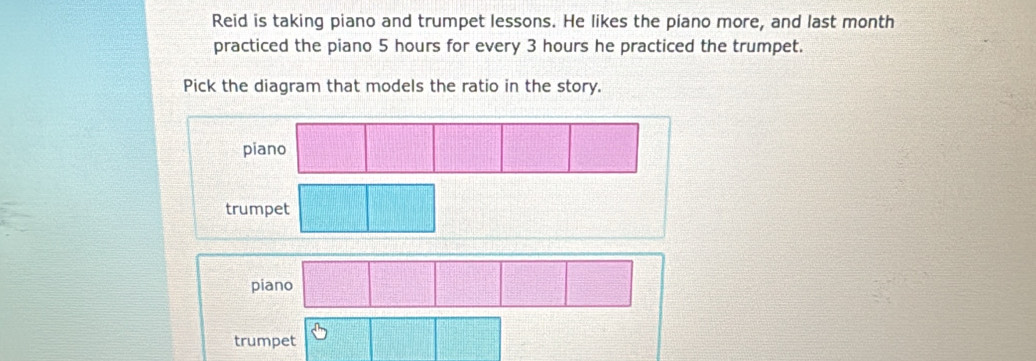 Reid is taking piano and trumpet lessons. He likes the piano more, and last month
practiced the piano 5 hours for every 3 hours he practiced the trumpet.
Pick the diagram that models the ratio in the story.
piano
t
trumpet