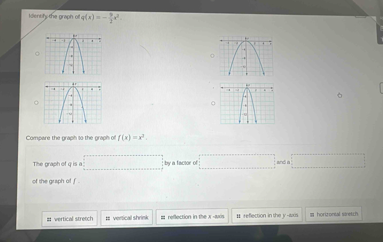 Identify the graph of q(x)=- 9/2 x^2.

Compare the graph to the graph of f(x)=x^2.
The graph of q is a □ by a factor of □ and a □
of the graph of f .
:: vertical stretch :: vertical shrink :: reflection in the x -axis :: reflection in the y -axis : horizontal stretch