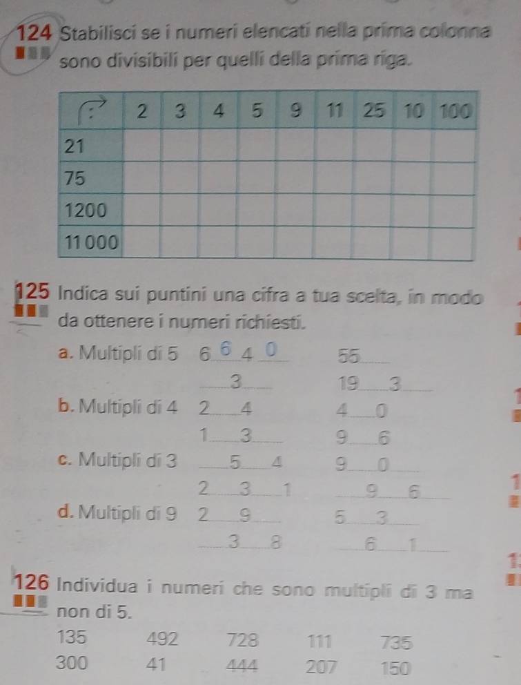 124 Stabilisci se i numeri elencati nella prima colonna 
sono divisibilí per quelli della prima ríga.
125 Indica sui puntini una cifra a tua scelta, in modo 
da ottenere i numeri richiesti. 
a. Multipli di 5 6 _ 64 _0 55
__ 3 __ 19 __ 3
b. Multipli di 4 2 4 4..... 0
1 __ 3 _ 9 6
c. Multipli di 3 _ 5 4 9__0_ 
2 ... 3.. 1 9 6
1
d. Multipli di 9 2 ___ 9 __ 5 3
3 __8 1
6 ___
1
|
126 Individua i numeri che sono multipli di 3 ma 
non di 5.
135 492 728 111 735
300 41 444 207 150