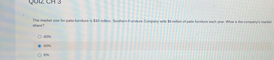 QUI2 CH 3
The market size for patio furniture is $10 million. Southern Furniture Company sells $6 million of patio furniture each year. What is the company's market
share?
40%
60%
6%