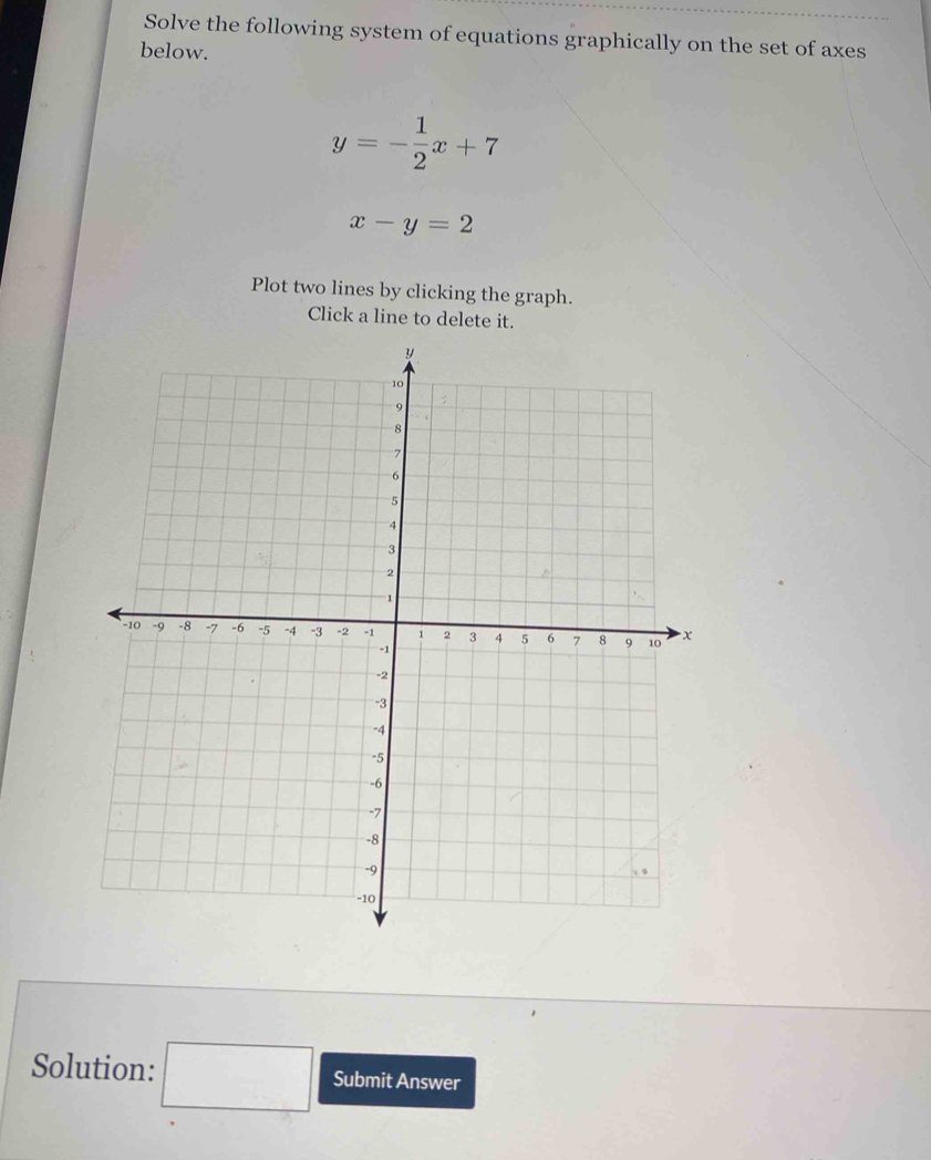 Solve the following system of equations graphically on the set of axes 
below.
y=- 1/2 x+7
x-y=2
Plot two lines by clicking the graph. 
Click a line to delete it. 
Solution: □ Submit Answer