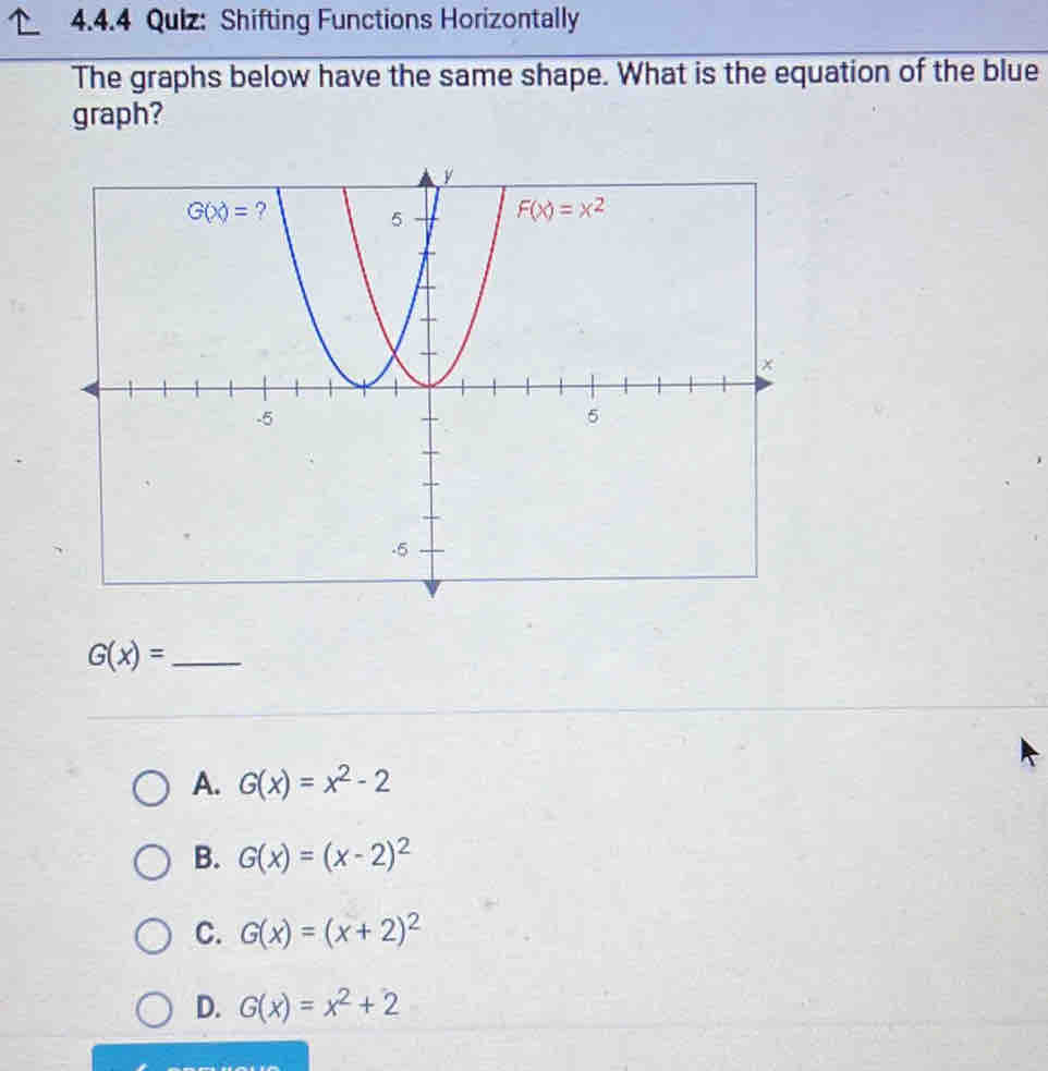 Qulz: Shifting Functions Horizontally
The graphs below have the same shape. What is the equation of the blue
graph?
_ G(x)=
A. G(x)=x^2-2
B. G(x)=(x-2)^2
C. G(x)=(x+2)^2
D. G(x)=x^2+2