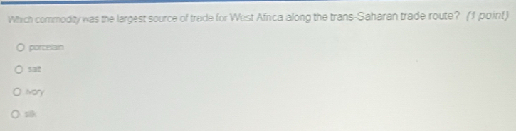 Which commodity was the largest source of trade for West Africa along the trans-Saharan trade route? (1 poin!)
porcelain
sat
vory
sk