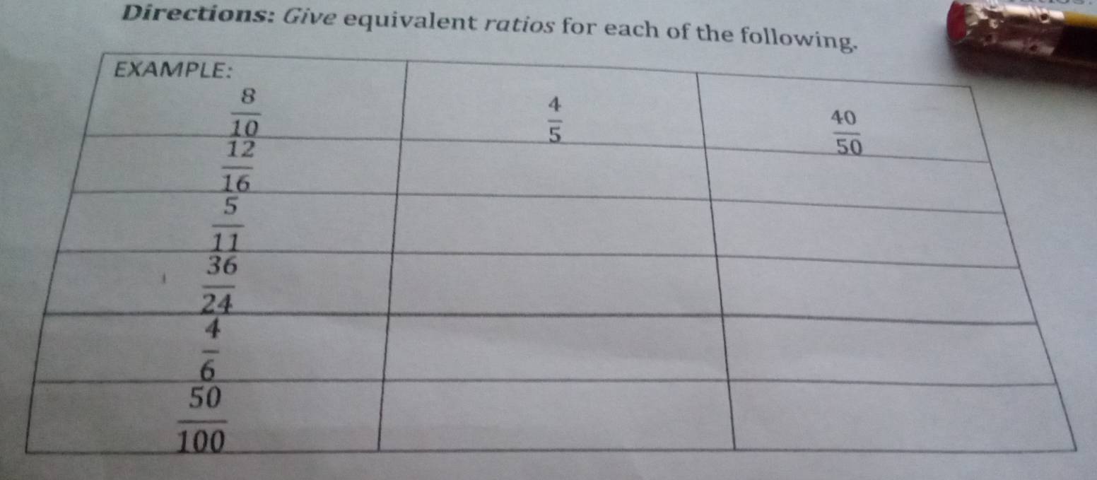 Directions: Give equivalent ratios for each of t