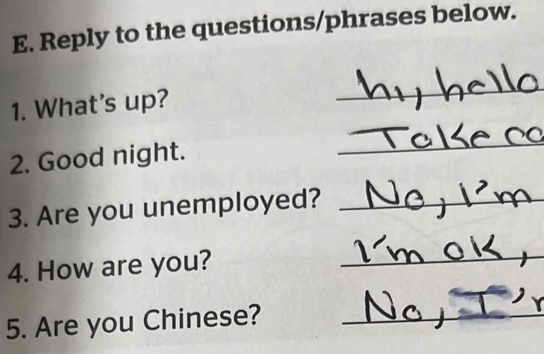 Reply to the questions/phrases below. 
_ 
1. What's up? 
_ 
2. Good night. 
_ 
3. Are you unemployed?_ 
_ 
4. How are you? 
_ 
5. Are you Chinese?_