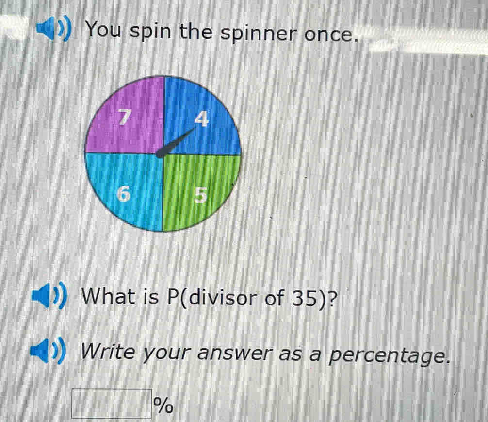 You spin the spinner once. 
What is P (divisor of 35)? 
Write your answer as a percentage.
□ %