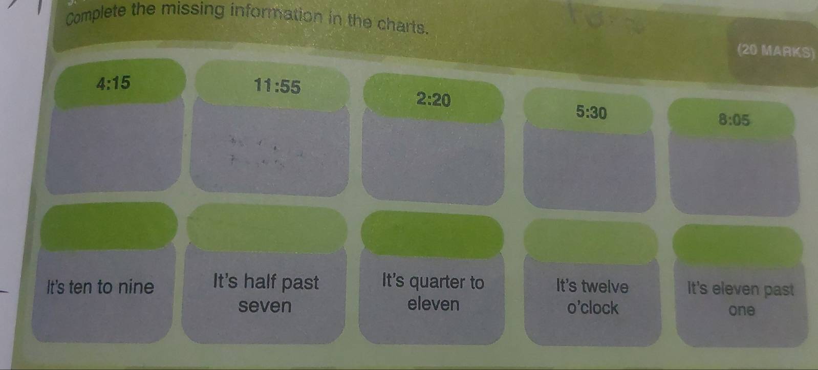 Complete the missing information in the charts. 
(20 MARKS)
4:15
11:55
2:20
5:30
8:05
It's half past It's quarter to 
It's ten to nine It's twelve It's eleven past 
seven eleven o'clock 
one