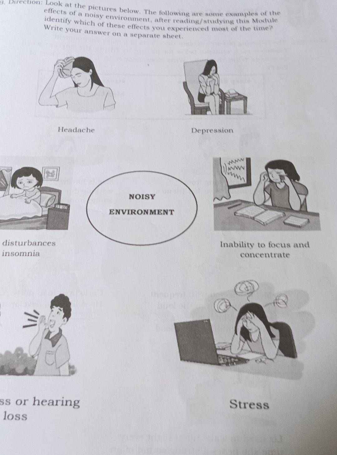 Direction: Look at the pictures below. The following are some examples of the 
effects of a noisy environment, after reading/studying this Module 
identify which of these effects you experienced most of the time? 
Write your answer on a separate sheet. 
Headache Depression 
NOISY 
ENVIRONMENT 
disturbances Inability to focus and 
insomnia 
concentrate 
ss or hearing Stress 
loss