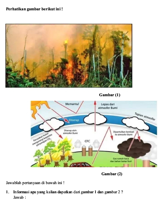 Perhatikan gambar berikut ini ! 
Gambar (1) 
er 
Gambar (2) 
Jawablah pertanyaan di bawah ini ! 
1. Informasi apa yang kalian dapatkan dari gambar 1 dan gambar 2 ? 
Jawab :