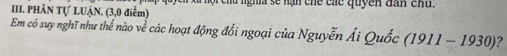 lội chu lgha sẽ nạn chế các quyền đân chu. 
III. PHÀN Tự LUẠN. (3,0 điểm) 
Em có suy nghĩ như thế nào về các hoạt động đối ngoại của Nguyễn Ái Quốc (1911-1930) 7