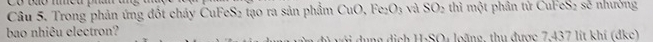 Trong phản ứng đối cháy ČuFeS₂ tạo ra sản phẩm CuO, Fe O_3 và SO_2 thì một phân tử CuFeS2 50° hường 
bao nhiêu electron? g d ịch H-SOu loàng, thu được 7,437 lit khí (dkc)