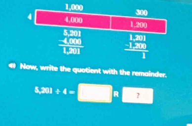 1,000 300
4 4,000 1,200
frac beginarrayr 5,201 -4,000endarray 1,201 frac beginarrayr 1,201 -1,200endarray 1
Now, write the quotient with the remainder.
?