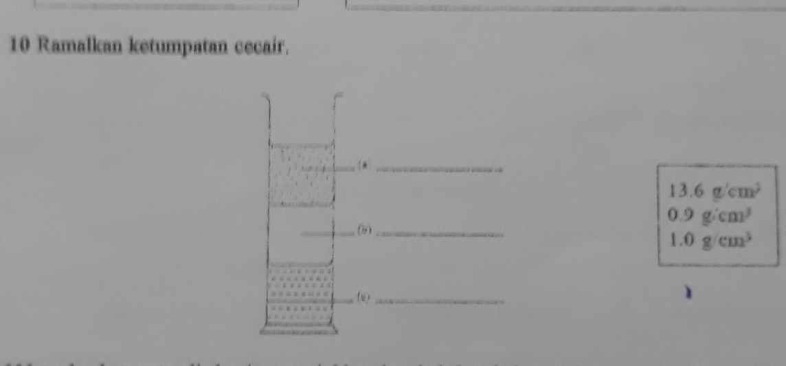 Ramalkan ketumpatan cecaír. 
_
13.6g/cm^3
0.9g/cm^3
(_
1.0g/cm^3
lu y_