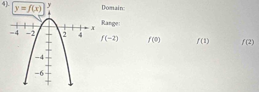 4). Domain:
Range:
f(-2) f(0)
f(1) f(2)