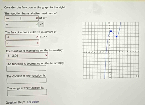 Consider the function in the graph to the right. 
The function has a relative maximum of
-4 I × at x=
。
sigma^4
The function has a relative minimum of
-7 × at x=
-3 × 
The function is increasing on the interval(s):
(-3,0) × 
The function is decreasing on the interval(s): 
The domain of the function is: 
The range of the function is: 
Question Help: Video
