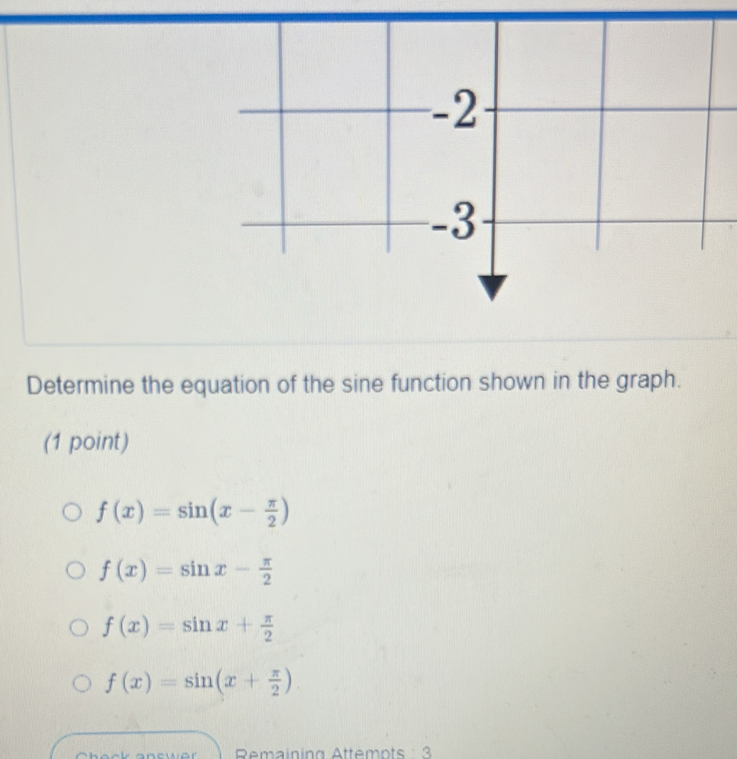 -2
-3
Determine the equation of the sine function shown in the graph.
(1 point)
f(x)=sin (x- π /2 )
f(x)=sin x- π /2 
f(x)=sin x+ π /2 
f(x)=sin (x+ π /2 ). 
Remaining Attemots : 3