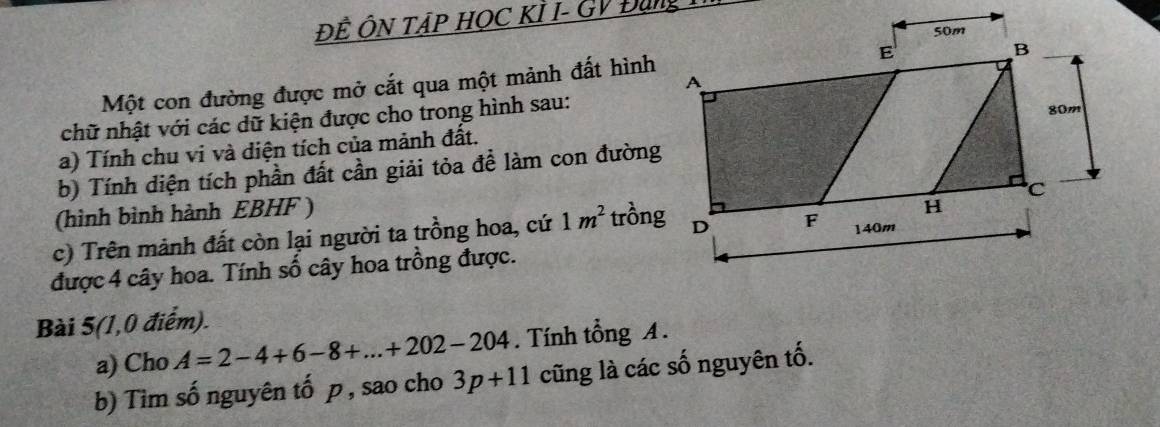 ĐÊ ÔN TẠP HỌC KÌ I- GV Đang 
Một con đường được mở cắt qua một mảnh đất hình 
chữ nhật với các dữ kiện được cho trong hình sau: 
a) Tính chu vi và diện tích của mảnh đất. 
b) Tính diện tích phần đất cần giải tỏa để làm con đường 
(hình bình hành EBHF ) 
c) Trên mảnh đất còn lại người ta trồng hoa, cứ 1m^2 trồng 
được 4 cây hoa. Tính số cây hoa trồng được. 
Bài 5 (1,0 điểm). 
a) Cho A=2-4+6-8+...+202-204. Tính tổng A. 
b) Tìm số nguyên tố p , sao cho 3p+11 cũng là các số nguyên tố.