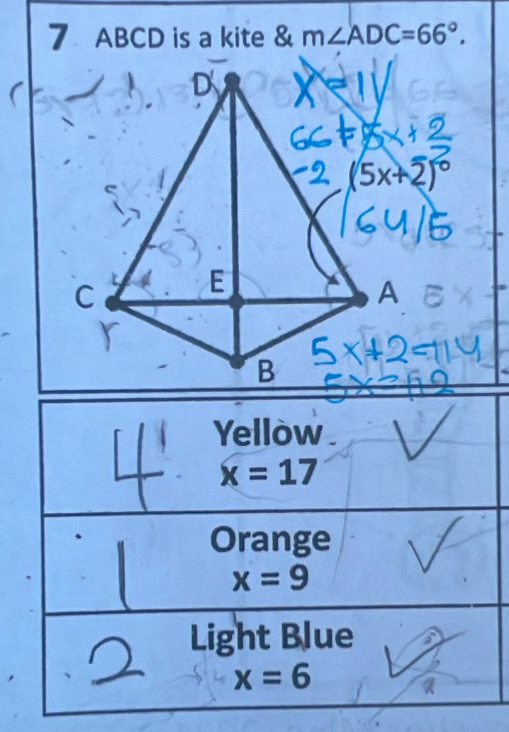 ABCD is a kite & m∠ ADC=66°.
Yellow
x=17
Orange
x=9
Light Blue
x=6