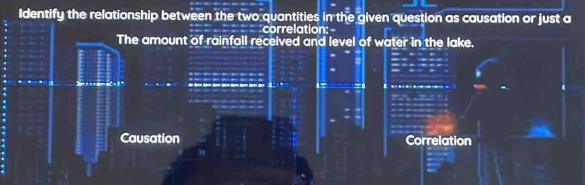 Identify the relationship between the two quantities in the given question as causation or just a 
er in the lake. 
Correlation