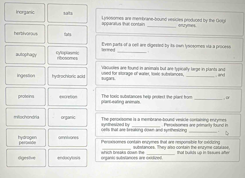 inorganic salts
Lysosomes are membrane-bound vesicles produced by the Golgi
apparatus that contain _enzymes.
herbivorous fats
Even parts of a cell are digested by its own lysosomes via a process
_
termed
autophagy cytoplasmic
ribosomes
Vacuoles are found in animals but are typically large in plants and
used for storage of water, toxic substances,
ingestion hydrochloric acid sugars. _, and
proteins excretion The toxic substances help protect the plant from _, or
plant-eating animals.
mitochondria organic The peroxisome is a membrane-bound vesicle containing enzymes
synthesized by _. Peroxisomes are primarily found in
cells that are breaking down and synthesizing _.
hydrogen omnivores
peroxide Peroxisomes contain enzymes that are responsible for oxidizing
_substances. They also contain the enzyme catalase,
which breaks down the _that builds up in tissues after
digestive endocytosis organic substances are oxidized.