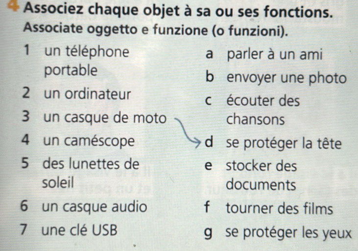 Associez chaque objet à sa ou ses fonctions.
Associate oggetto e funzione (o funzioni).
1 un téléphone a parler à un ami
portable b envoyer une photo
2 un ordinateur
c écouter des
3 un casque de moto chansons
4 un caméscope da se protéger la tête
5 des lunettes de e stocker des
soleil documents
6 un casque audio f tourner des films
7 une clé USB gse protéger les yeux