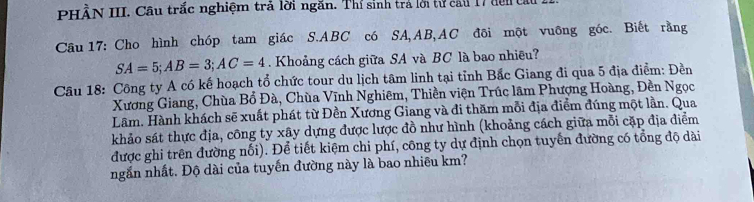 PHẨN III. Cầu trắc nghiệm trả lời ngăn. Thí sinh trả lời tử cau 17 đểi tâu 
Câu 17: Cho hình chóp tam giác S. ABC có SA, AB, AC đôi một vuông góc. Biết rằng
SA=5; AB=3; AC=4. Khoảng cách giữa SA và BC là bao nhiêu? 
Câu 18: Công ty A có kế hoạch tổ chức tour du lịch tâm linh tại tỉnh Bắc Giang đi qua 5 địa điểm: Đền 
Xương Giang, Chùa Bổ Đà, Chùa Vĩnh Nghiêm, Thiền viện Trúc lâm Phượng Hoàng, Đền Ngọc 
Làm. Hành khách sẽ xuất phát từ Đền Xương Giang và đi thăm mỗi địa điểm đúng một lần. Qua 
khảo sát thực địa, công ty xây dựng được lược đồ như hình (khoảng cách giữa mỗi cặp địa điểm 
được ghi trên đường nối). Để tiết kiệm chi phí, công ty dự định chọn tuyến đường có tổng độ dài 
ngắn nhất. Độ dài của tuyến đường này là bao nhiêu km?