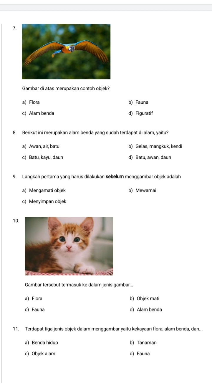 Gambar di atas merupakan contoh objek?
a) Flora b) Fauna
c) Alam benda d) Figuratif
8. Berikut ini merupakan alam benda yang sudah terdapat di alam, yaitu?
a) Awan, air, batu b) Gelas, mangkuk, kendi
c) Batu, kayu, daun d) Batu, awan, daun
9. Langkah pertama yang harus dilakukan sebelum menggambar objek adalah
a) Mengamati objek b) Mewarnai
c) Menyimpan objek
10
Gambar tersebut termasuk ke dalam jenis gambar...
a) Flora b) Objek mati
c) Fauna d) Alam benda
11. Terdapat tiga jenis objek dalam menggambar yaitu kekayaan flora, alam benda, dan...
a) Benda hidup b) Tanaman
c) Objek alam d) Fauna