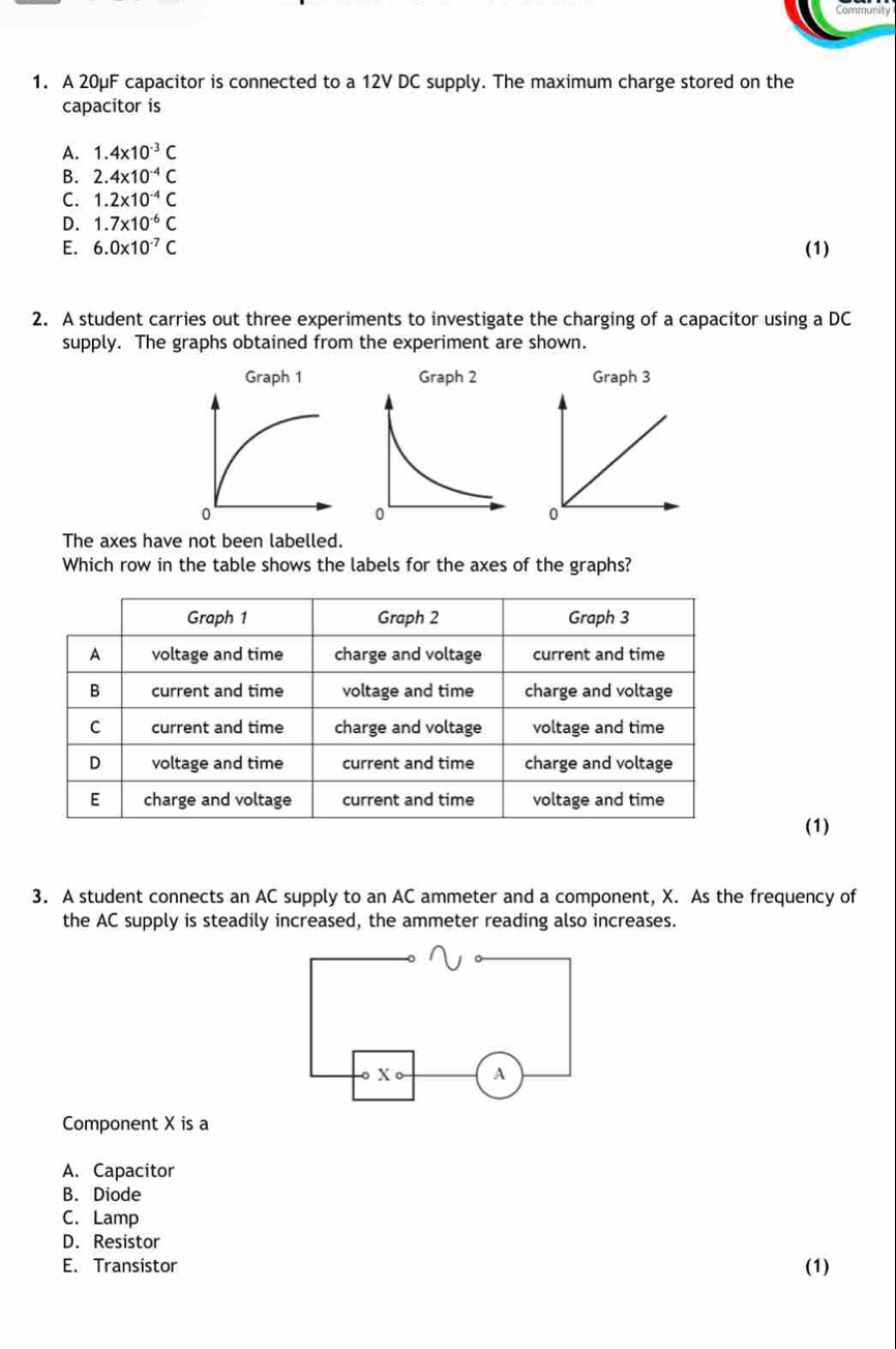 Commun
1. A 20μF capacitor is connected to a 12V DC supply. The maximum charge stored on the
capacitor is
A. 1.4* 10^(-3)C
B. 2.4* 10^(-4)C
C. 1.2* 10^(-4)C
D. 1.7* 10^(-6)C
E. 6.0* 10^(-7)C (1)
2. A student carries out three experiments to investigate the charging of a capacitor using a DC
supply. The graphs obtained from the experiment are shown.
Graph 3
0
The axes have not been labelled.
Which row in the table shows the labels for the axes of the graphs?
Graph 1 Graph 2 Graph 3
A voltage and time charge and voltage current and time
B current and time voltage and time charge and voltage
C current and time charge and voltage voltage and time
D voltage and time current and time charge and voltage
E charge and voltage current and time voltage and time
(1)
3. A student connects an AC supply to an AC ammeter and a component, X. As the frequency of
the AC supply is steadily increased, the ammeter reading also increases.
Component X is a
A. Capacitor
B. Diode
C. Lamp
D. Resistor
E. Transistor (1)