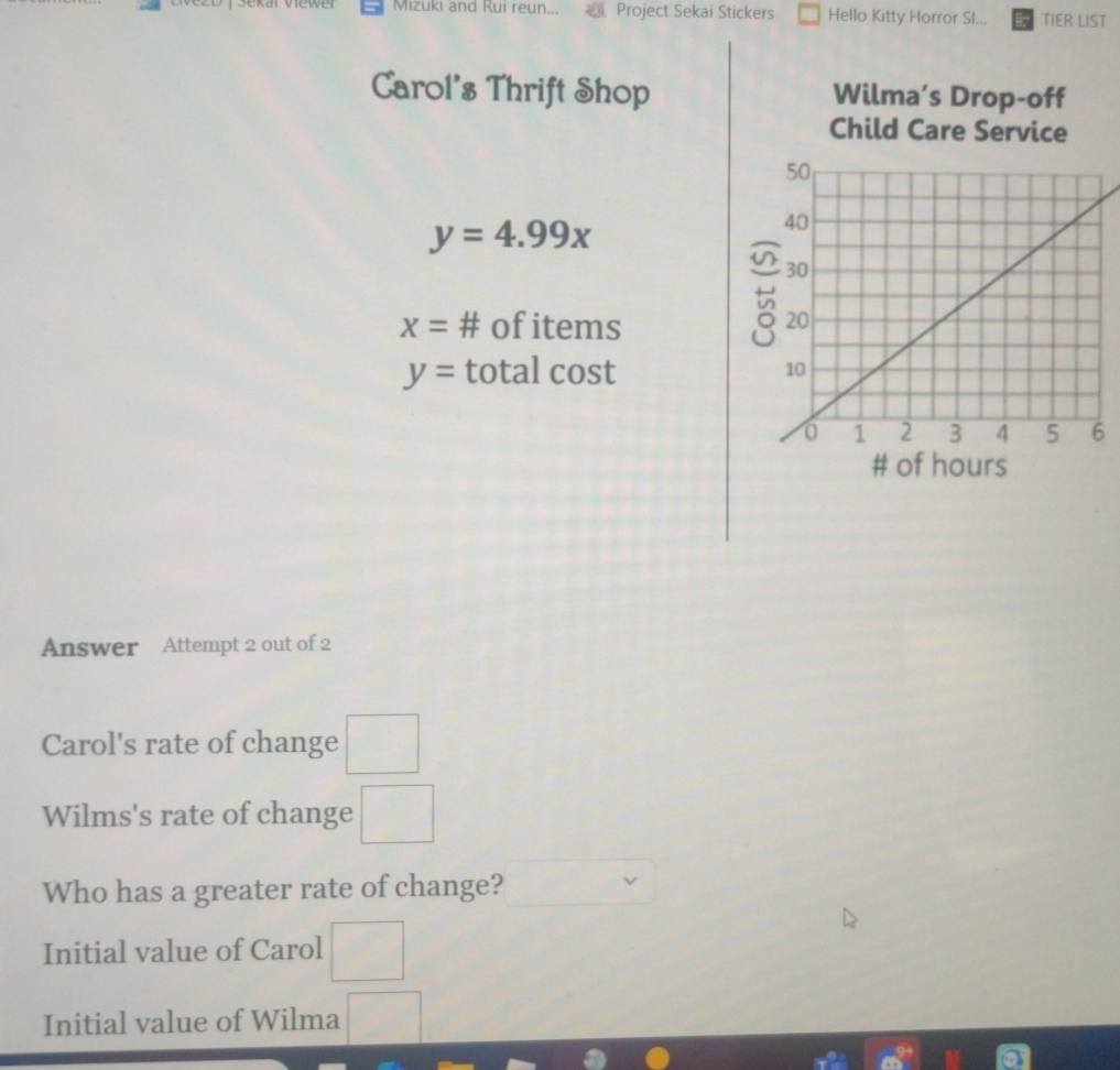 Mizuki and Rui reun... Project Sekai Stickers Hello Kitty Horror SI... TIER LIST 
Carol's Thrift Shop Wilma’s Drop-off 
Child Care Service
y=4.99x
x= # of items
y= total cost 
# of hours
Answer Attempt 2 out of 2 
Carol's rate of change □ 
Wilms's rate of change □ 
Who has a greater rate of change? 
Initial value of Carol □ 
Initial value of Wilma □
x^2 m^(99)