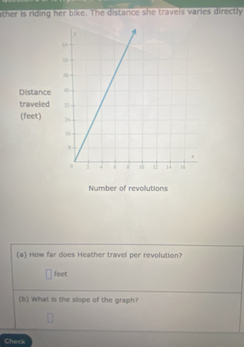 ather is riding her bike. The distance she travels varies directly 
Distance 
traveled 
(feet) 
Number of revolutions 
(a) How far does Heather travel per revolution?
feet
(b) What is the slope of the graph? 
Check