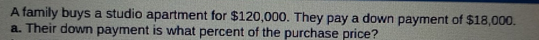 A family buys a studio apartment for $120,000. They pay a down payment of $18,000. 
a. Their down payment is what percent of the purchase price?