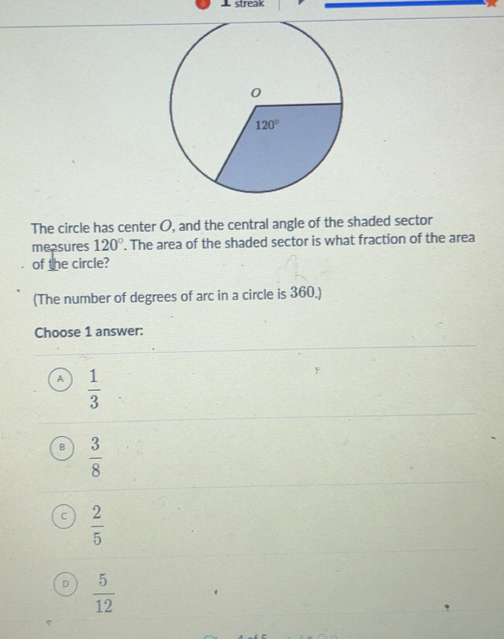Solved: streak The circle has center O, and the central angle of the ...