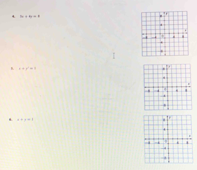 3x+4y=8 B y
4
x
-8 -4 0 A 8
4
8
5. x+y^2=1
6. x+y=1