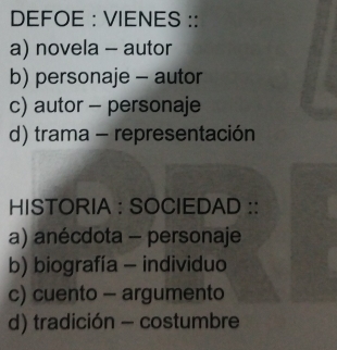 DEFOE : VIENES ::
a) novela - autor
b) personaje - autor
c) autor - personaje
d) trama - representación
HISTORIA : SOCIEDAD ::
a) anécdota - personaje
b) biografía - individuo
c) cuento - argumento
d) tradición - costumbre