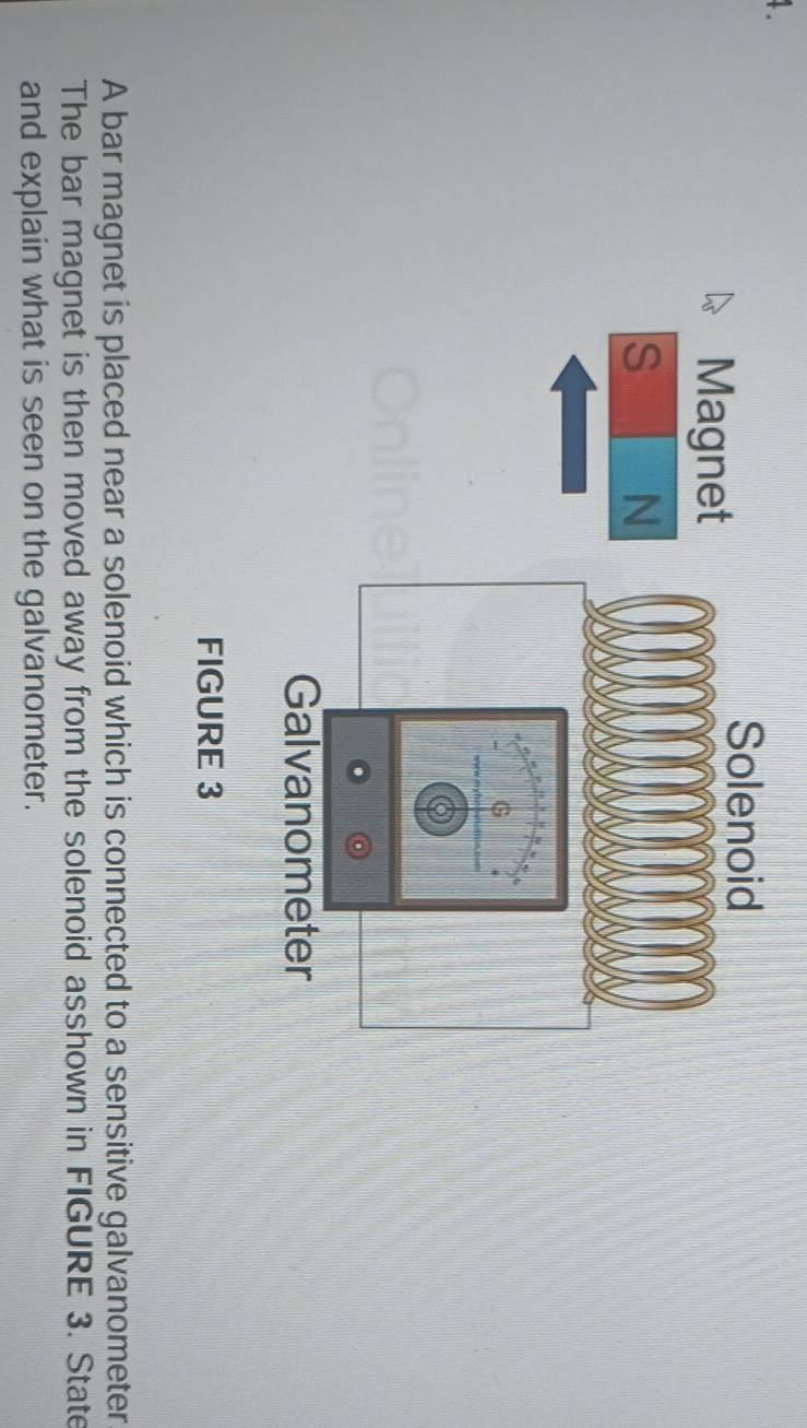 Magnet 
S N 
FIGURE 3 
A bar magnet is placed near a solenoid which is connected to a sensitive galvanometer 
The bar magnet is then moved away from the solenoid asshown in FIGURE 3. State 
and explain what is seen on the galvanometer.