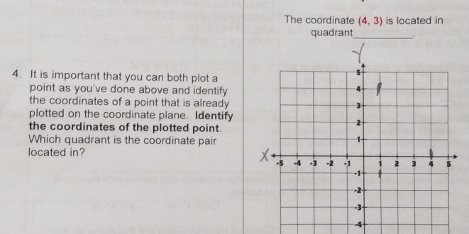 The coordinate (4,3) is located in 
quadrant_ . 
4. It is important that you can both plot a 
point as you've done above and identify 
the coordinates of a point that is already 
plotted on the coordinate plane. Identify 
the coordinates of the plotted point. 
Which quadrant is the coordinate pair 
located in?