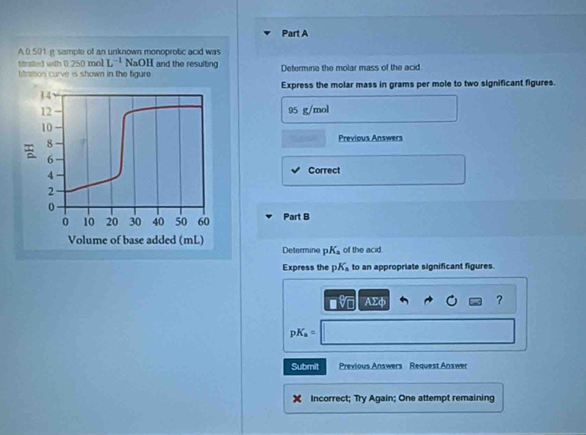A 0.501 g sample of an unknown monoprotic acid was 
ftrated with 0 250 mol L^(-1) NaOI I and the resulting 
litration curve is shown in the figure Determine the molar mass of the acid 
Express the molar mass in grams per mole to two significant figures.
14
12 95 g/mol
10
8
Previous Answers
6
4 Correct 
2
0.
0 10 20 30 40 50 60 Part B 
Volume of base added (mL) 
Determine p K_a of the acid. 
Express the pK_a to an appropriate significant figures.
sqrt[□](□ ) Asumlimits d
？
pK_a=
Submit Previous Answers Request Answer 
Incorrect; Try Again; One attempt remaining